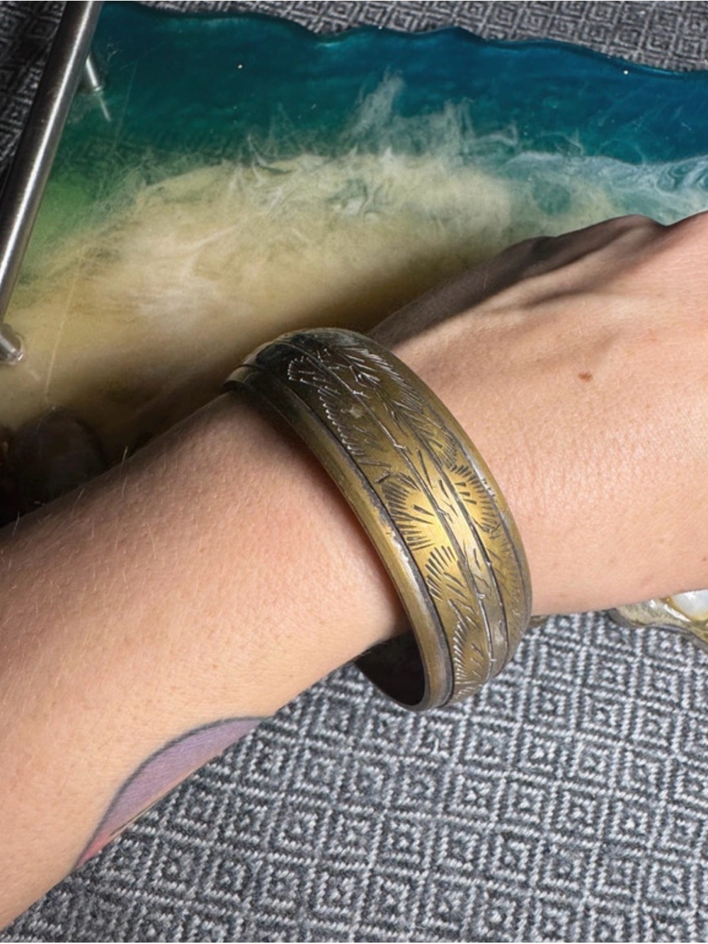 Vintage-Style Brass Tone Cuff Bracelet - Brown
